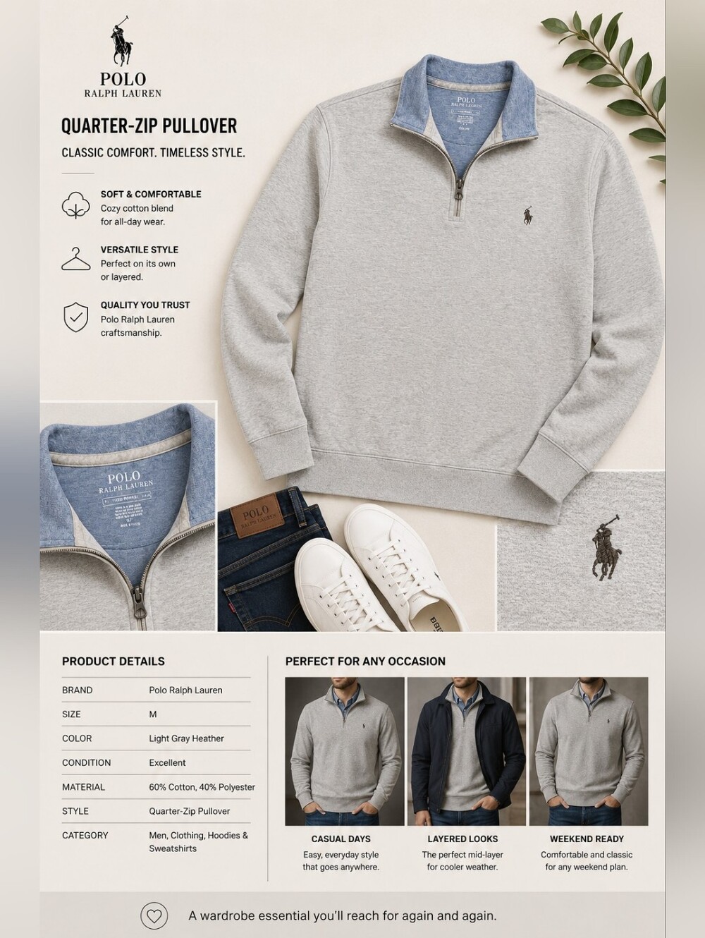 Polo Ralph Lauren Heather Beige Quarter Zip Pullover Sweatshirt Size Medium